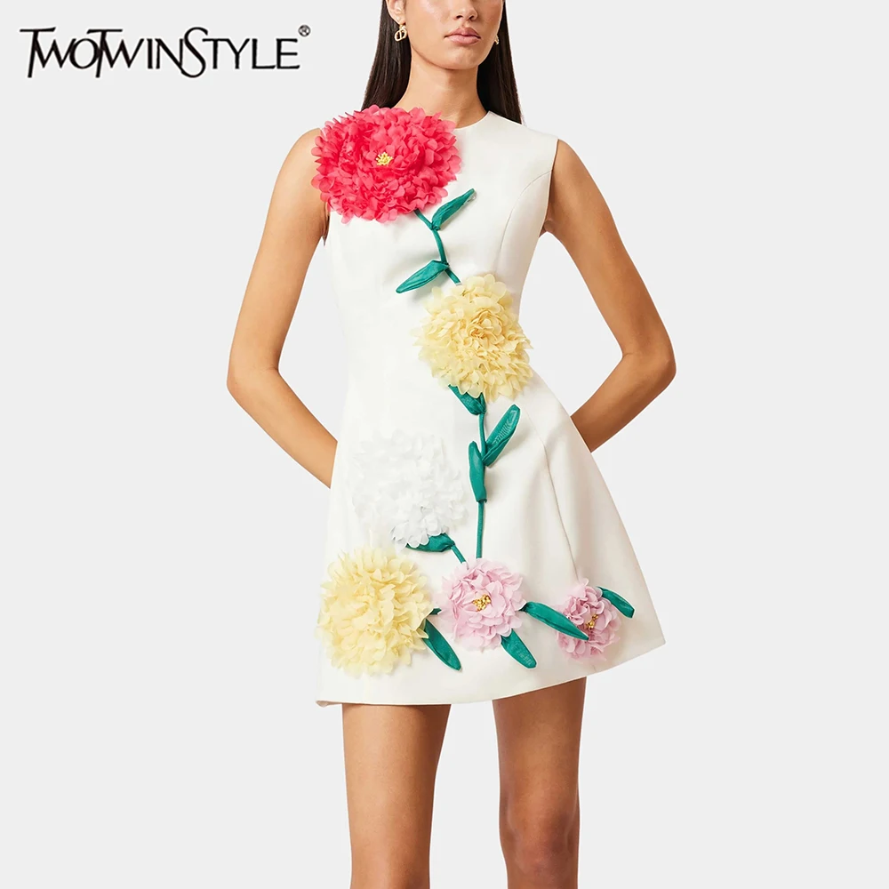 

TWOTWINSTYLE Colorblock Slimming Elegant Mini Dresses for Women Round Neck Sleeveless Patchwork 3D Flowers Dress Female Clothing