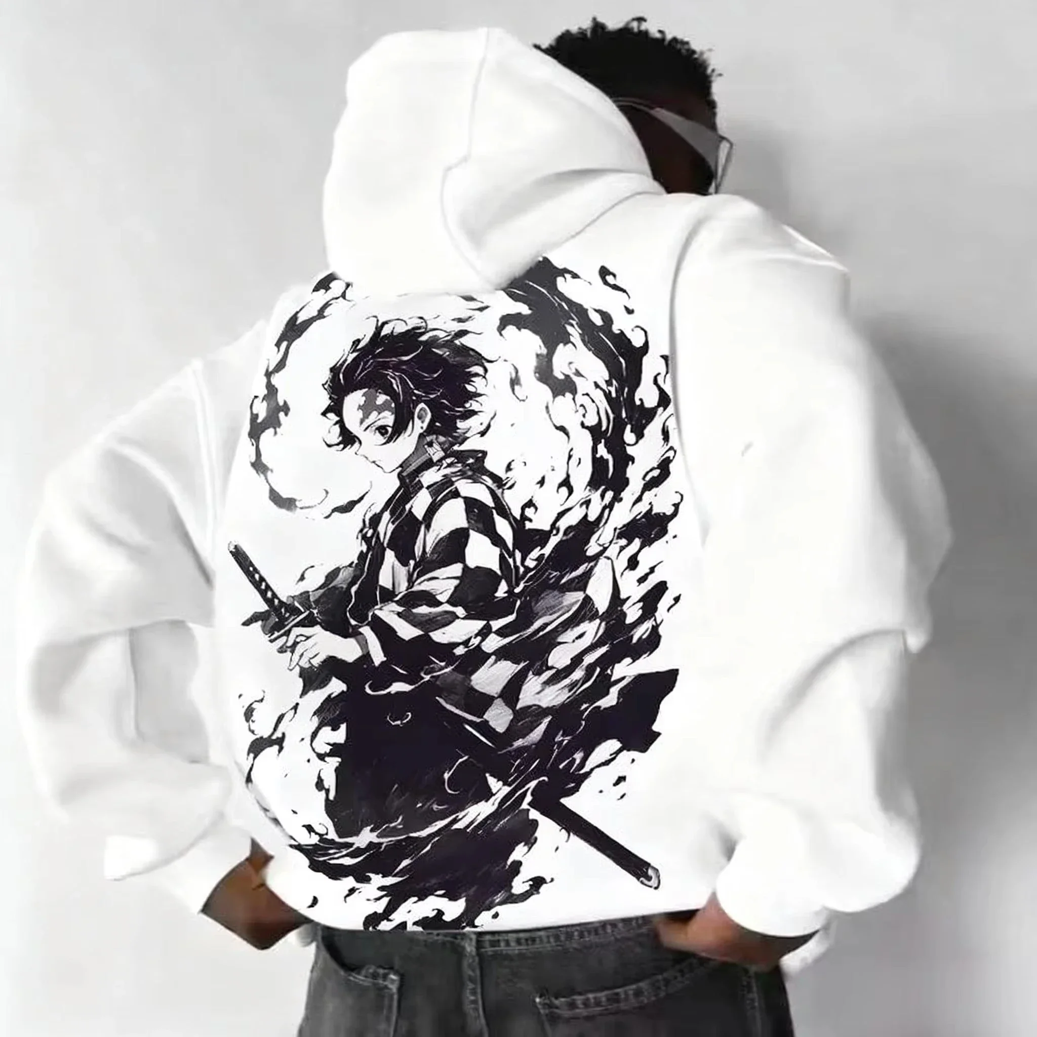 Anime Demon Slayer Tanjiro Back Print Hoodie Men Vintage Black White Ink Style Hooded Sweatshirt Streetwear