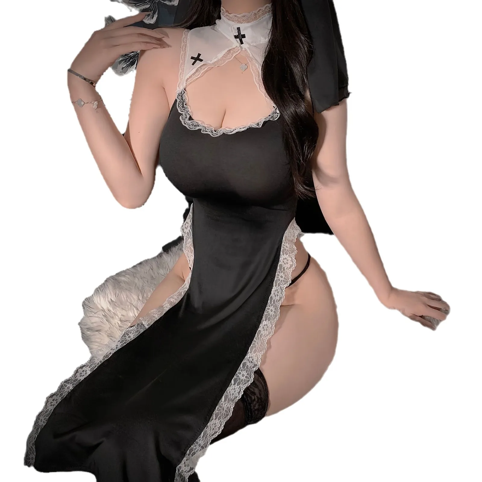 

New Fashion Women's Sexy Roleplay Nun Lingerie Dress Adult Lady Exotic Night Club Party Cosplay Sister Costumes Fliter Outfits