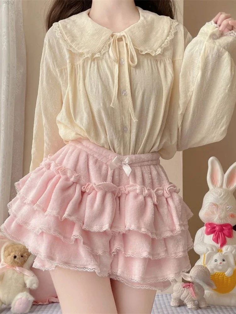 Pink White Lolita Y2k Sweet Skirt Women Bow Japanese Cute Party Mini Skirt Female A-line High Street Designer Puffy Skirt 2024