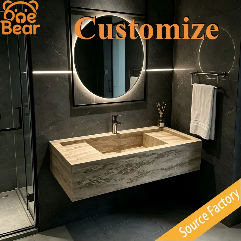 Custom Size Wabi Sabi Travertine Floating Sink Vanity Natural Warm Texture Wall Mounted Bathroom Wash Basin Home Bath Furniture