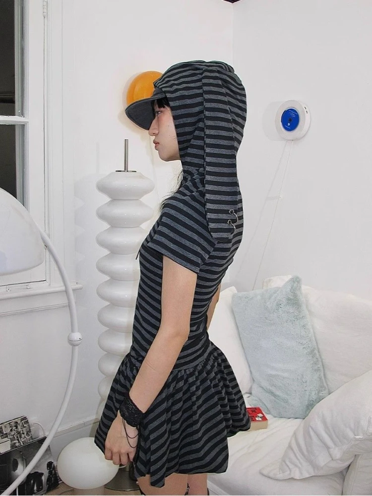 Y2k Vintage Strip Print Dress Hooded Rabbit Ears Patchwork Women Casual Subculture Retro Hot Girl Short Sleeve Mini Dress
