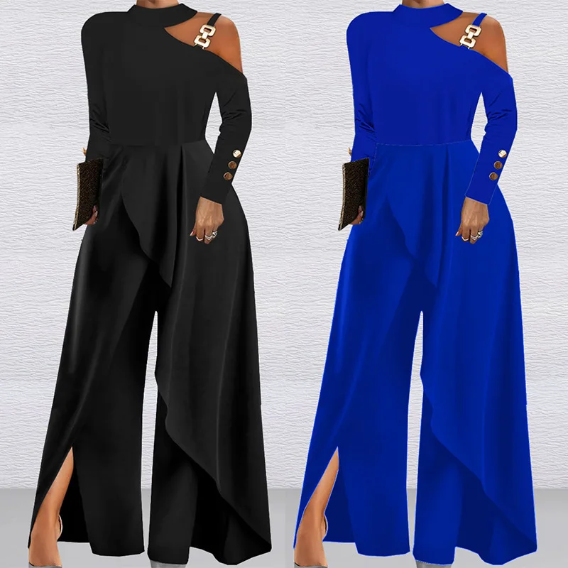 

ON01404 2023 New Solid Color Long Sleeved Off Shoulder Women's Elegant Party Wide Leg Jumpsuit