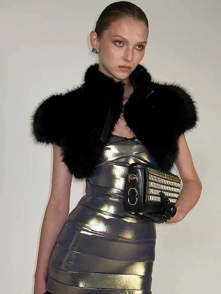 

BKQU Winter Y2K Faux Fur Crop Vest Women Stand Collar Leather Tie Up Slim Puffly Warm Jacket Vintage Chic Street Tank Tops 2025