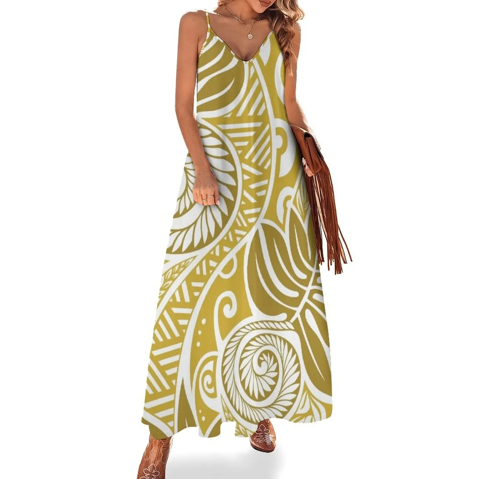 

Hawaiian ulu breadfruit golden white design Sleeveless Dress fairy dress summer dress beach outfits for women Dance dresses