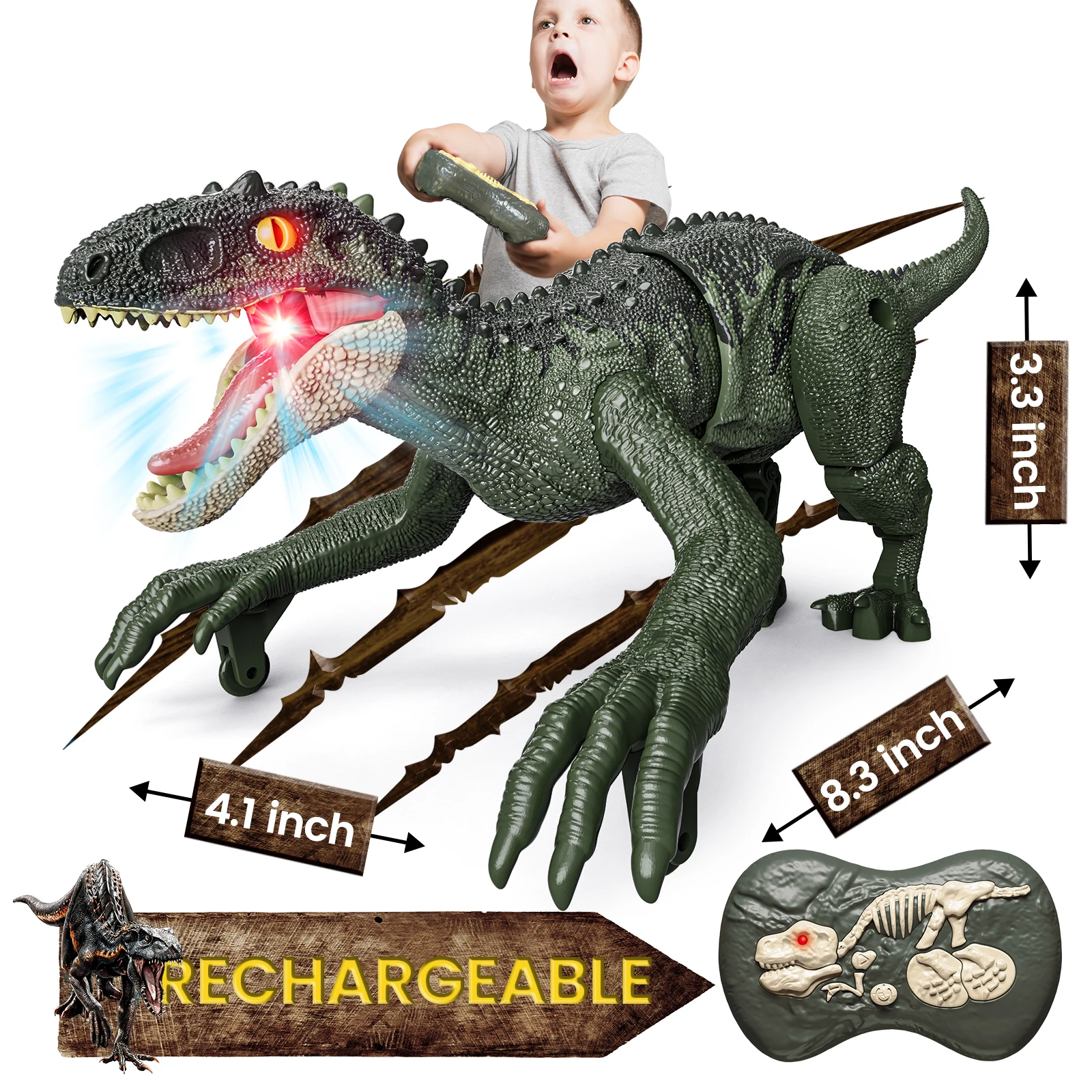 Tecnock 2024 Remote Controlled Dinosaur, One Button Electric Dino 2.4 GHz with Sound & Light Walking, Roaring, Twist Kids Gifts