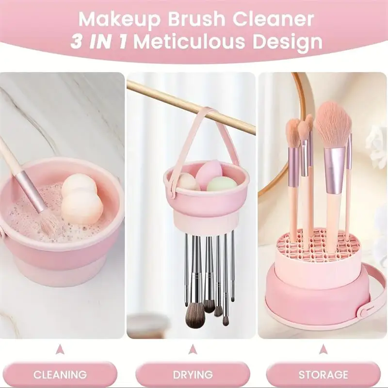 Silikonowa mata do czyszczenia pędzli do makijażu 3 w 1 z uchwytem do suszenia - organizer do zestawu organizerów Brus Beauty Tool