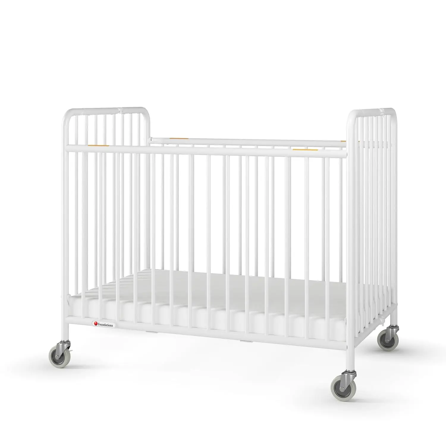 Foundations Stowaway Metal Baby & Toddler Folding Crib, Portable Baby Crib with Foam Crib Mattress and Commercial Grade