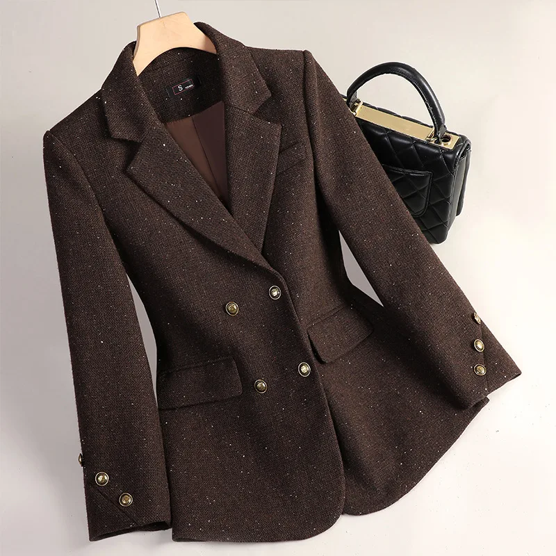 Women Wool Blazers Autumn Winter Jacket Coat New High-end Temperament Casual Suit Ladies Office Double Breasted Blazer Outerwear