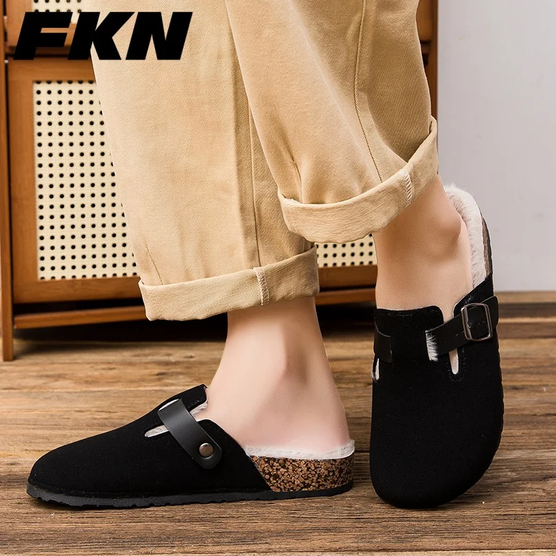 

Мужские домашние тапочки с теплой хлопчатобумажной подкладкой, Haakon Toe, полудраговая парная модная повседневная обувь для ленивых, верхняя часть из шерсти с подкладкой, большие размеры