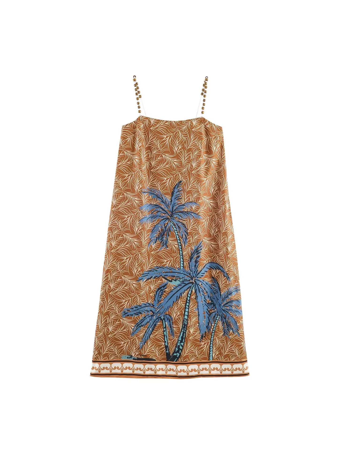 

Withered New Women's Fashion Simple Beaded Coconut Tree Printed Holiday Style Strap Dress