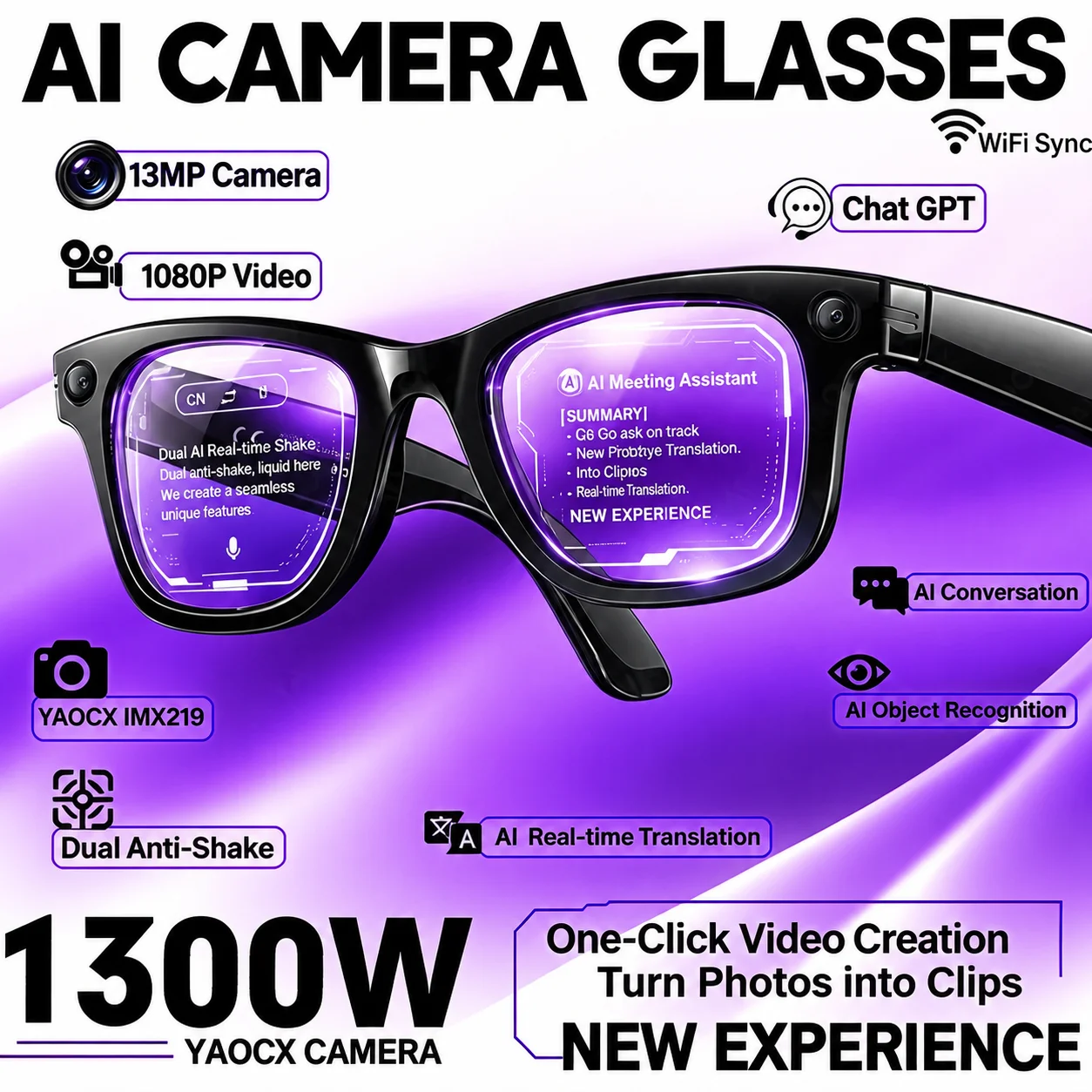 1300W CameraAI Smart Glasses Video Recording AI Photo Recognition Answer Sunglasses Bluetooth Call Music Anti-blue Light Glasses