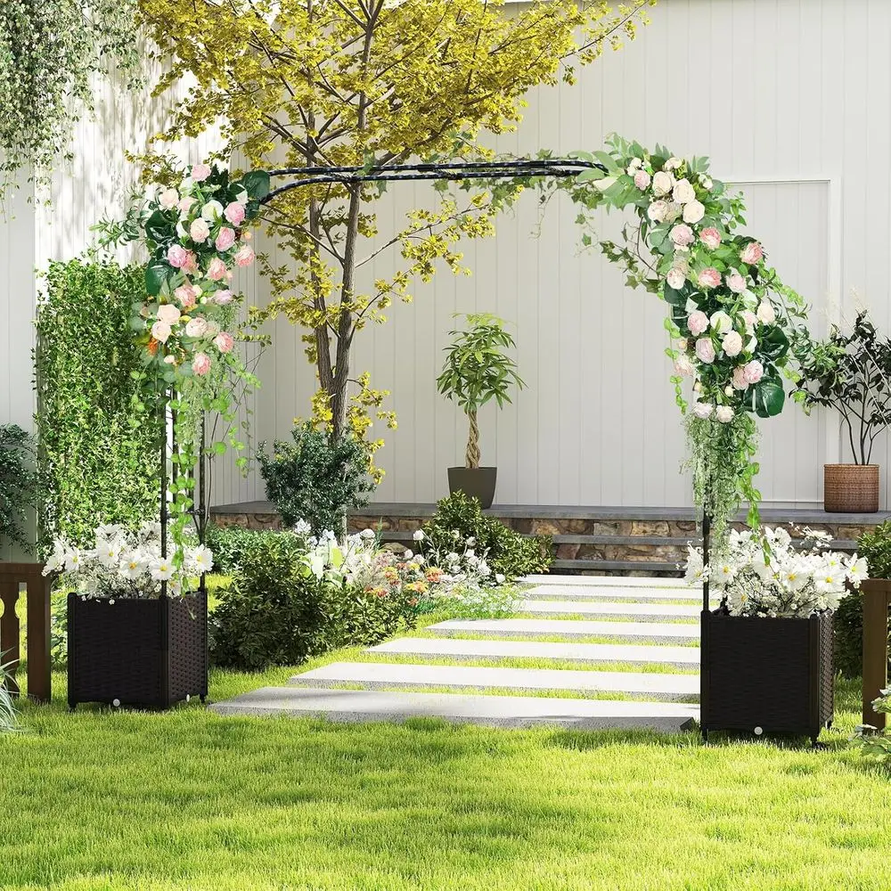 

6.6ft Outdoor Metal Garden Arch Arbor with Planters, Self-Watering, Lockable Wheels for Weddings and Backyards