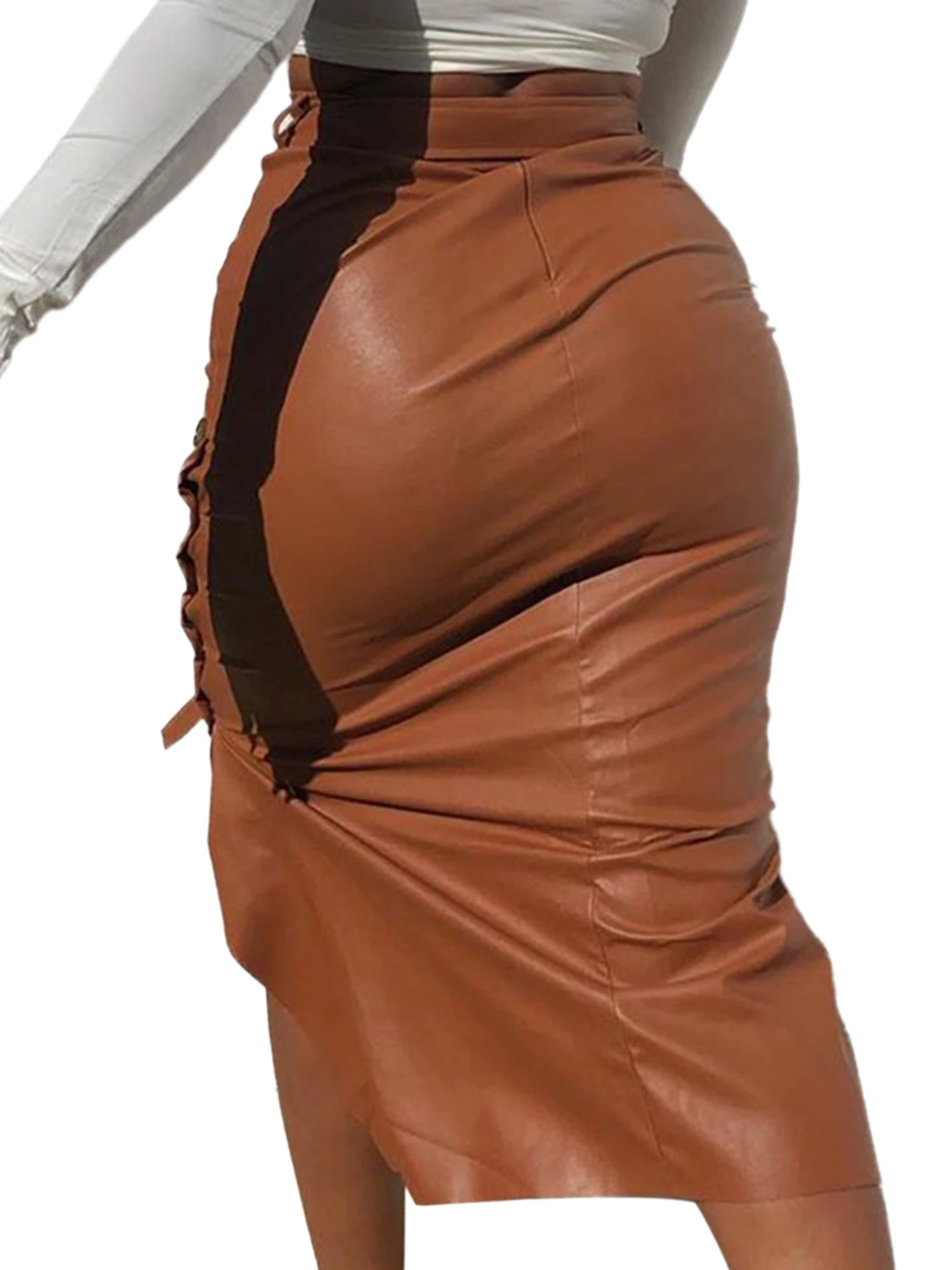 

Женская мини-юбка из искусственной кожи с высокой талией и молнией, однотонная юбка трапециевидной формы с карманами и поясом