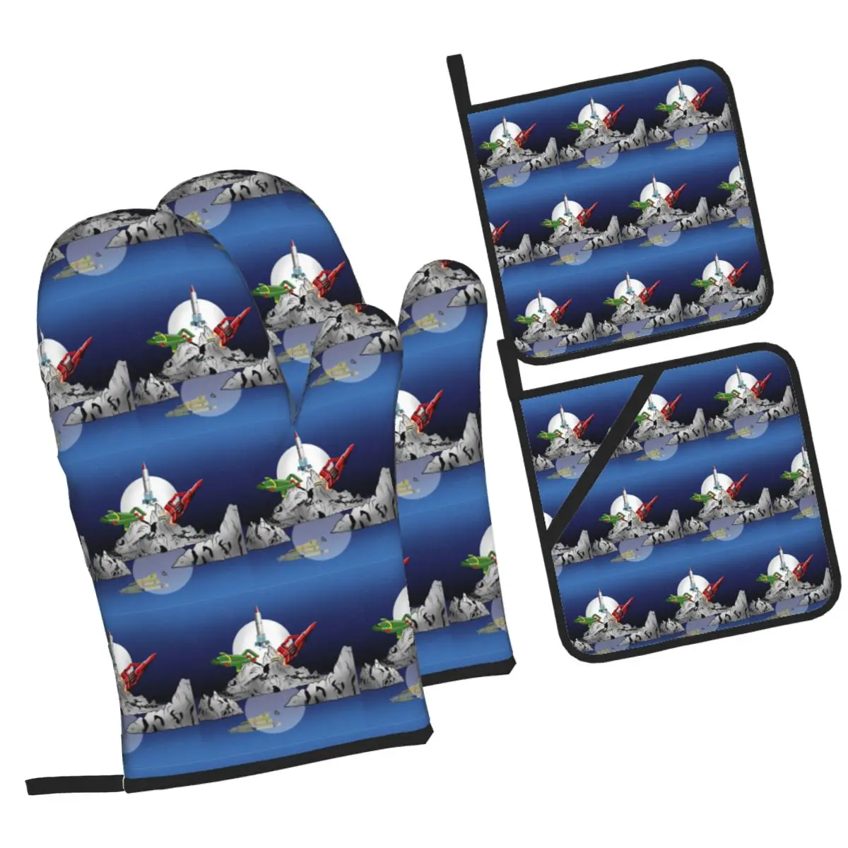Thunderbirds Tracy Island Oven Mitts and Pot Holder Sets of 4 for Baking Kitchen Cooking Grilling Resistant Non-Slip Gloves