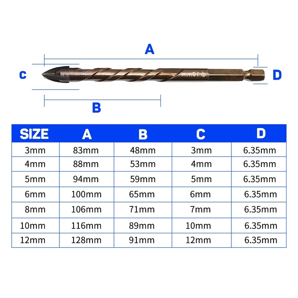 STONEGO Hard Alloy Cross Hex Tile Bit for Glass, Ceramic, and Concrete - 1PC Drill Bit, Sizes 3/4/5/6/8/10/12mm