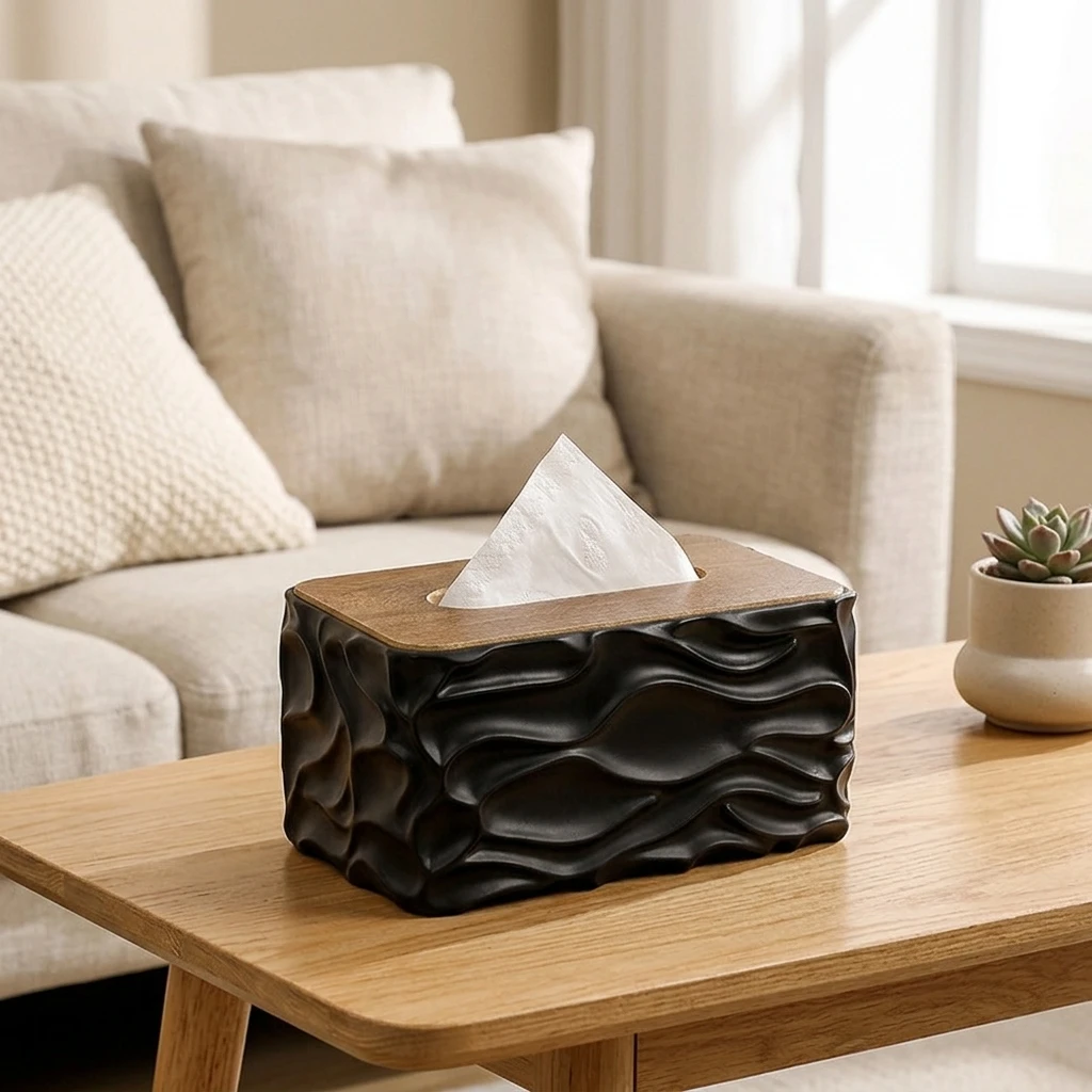 Plastic Tissue Box With Wooden-Lid For Living Room Dining Table Large Capacity Storage