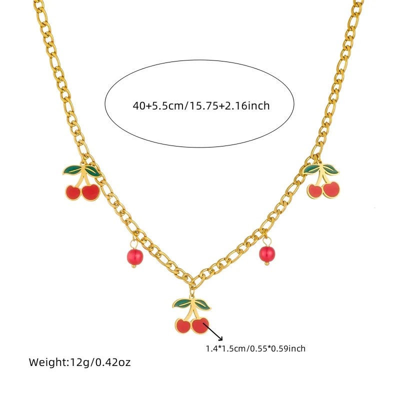 DIEYURO 316L Stainless Steel Red Cherry Fruit Pendant Necklace Earrings Bracelet Set Girl New Trend Waterproof Jewelry Gift Sets