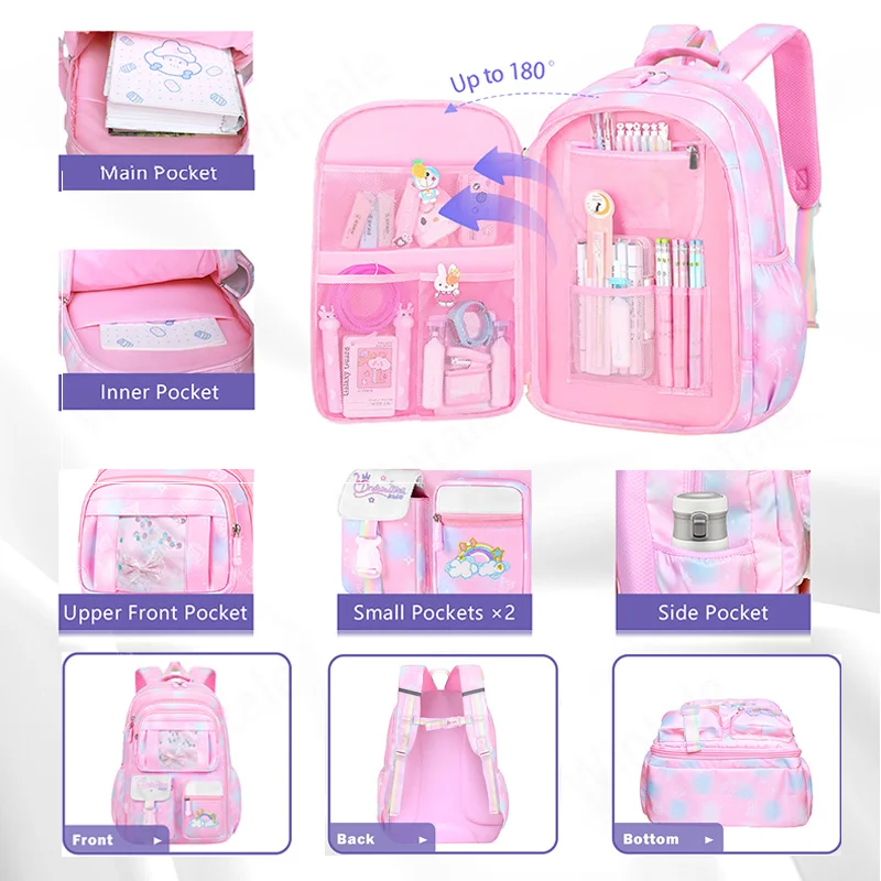 3Psc/1Set Girls School Backpack Primary School Bag for Child Students with Lunch Carrying Bag Kids Travel Backpack