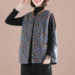 Japanese High Quality Cotton Vest Women Autumn Winter Loose Vintage Print Pocket Waistcoat Tops Warm Vest New Jacket