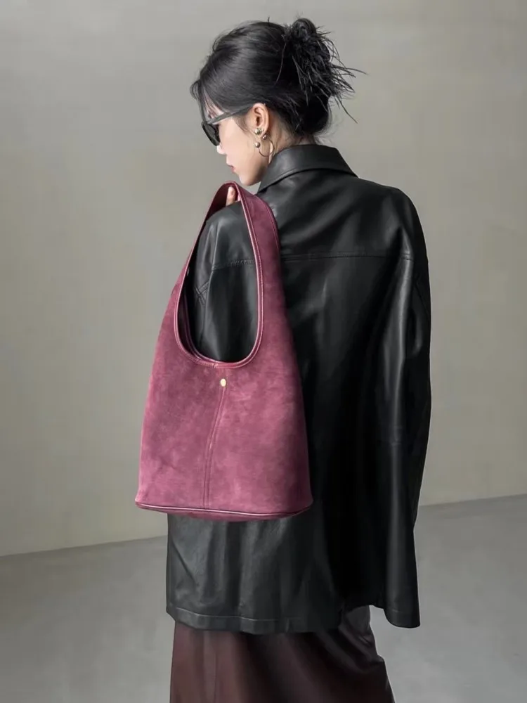 Women Hobos Bag Vintage Solid Color Cow Suede Single Shoulder Bag Versatile Casual Handbag Totes Autumn Office Lady Underarm Bag