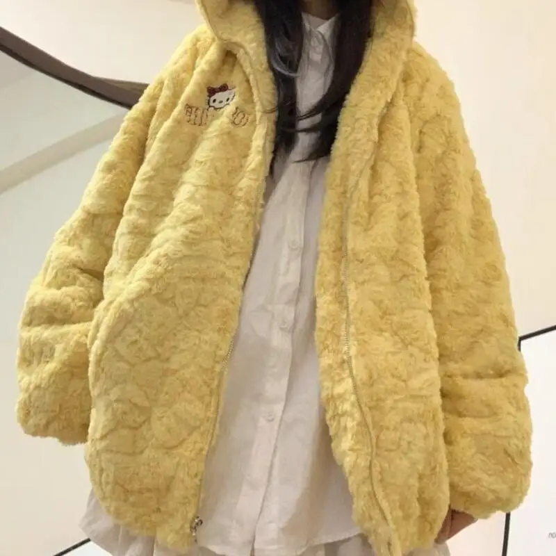 

Lamb Fur Cute Kitty Cat Cotton Jacket Coat for Women Winter New Loose Plush Thickened Warm Furry Zipper Jacket Tops