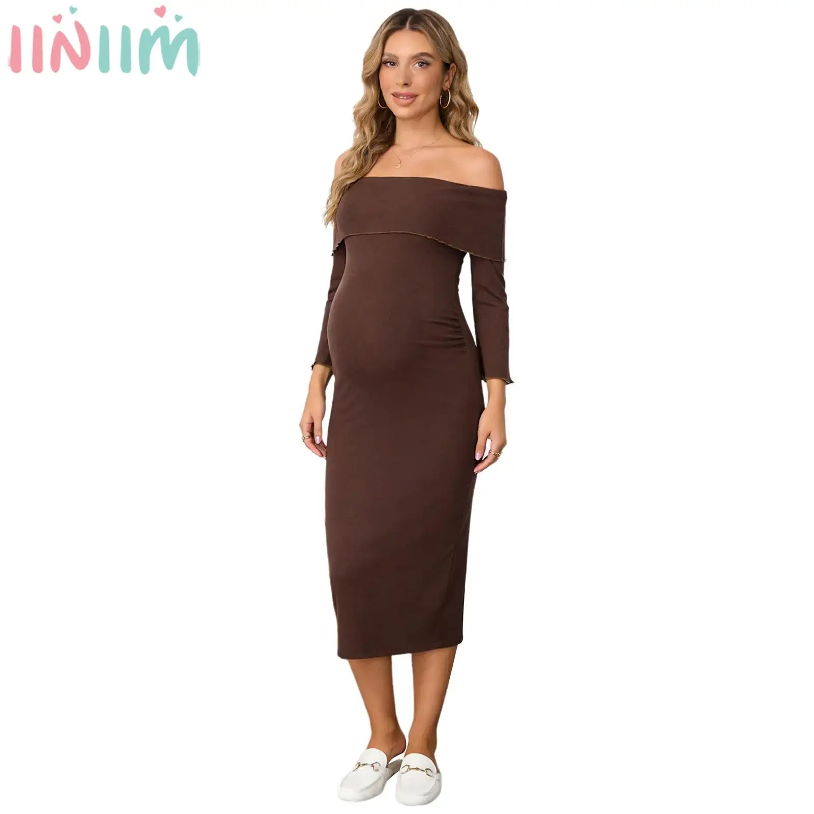 

Платье для беременных с открытыми плечами, облегающее, с длинным рукавом, удобное, эластичное, для свадьбы, вечеринки, фотосессии, выпускного, торжественного мероприятия