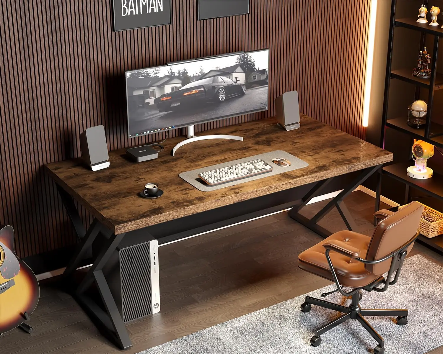 Rustic Computer Desk, 55 Inch Metal Wood Home Office Desk, Industrial Study Table with Storage for Bedroom