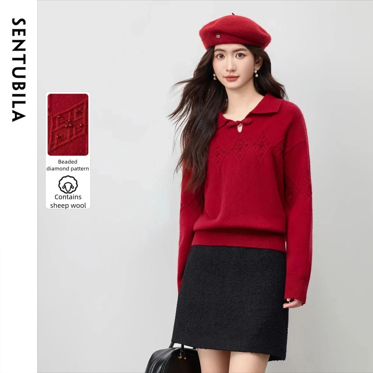 

SENUBILA Chinese Style Polo Neck Sweaters for Woman Beaded Quilted Pattern Pullovers 2025 Solid Long Sleeve Jumpers W54EH3950