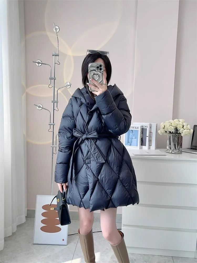 Women\'s Winter Coats  Warm Autumn Winter Argyle Down Jacket with Hood  White Duck Down Single-Breasted with A Belt Hot Clothes