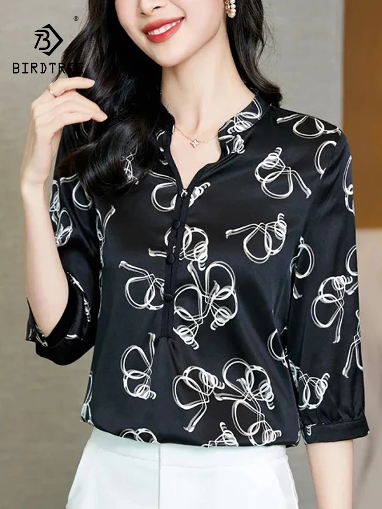 

Birdtree Women's Elegant V-neck Print Loose Tops,Satin Blouse 2024 Summer,19mm 90% Real Silk 10% Spandex White Shirt T36955QC