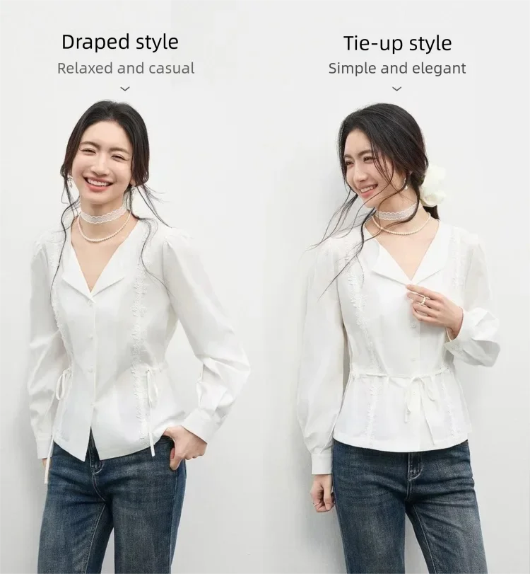 SENTUBILA Damen Weißes Hemd 2026 Elegante V-Ausschnitt-Bluse mit Kordelzug und Blumenmuster-Spitzenapplikation Frühlings-Pendler-Oberteil 161CA5681 – Detail 10