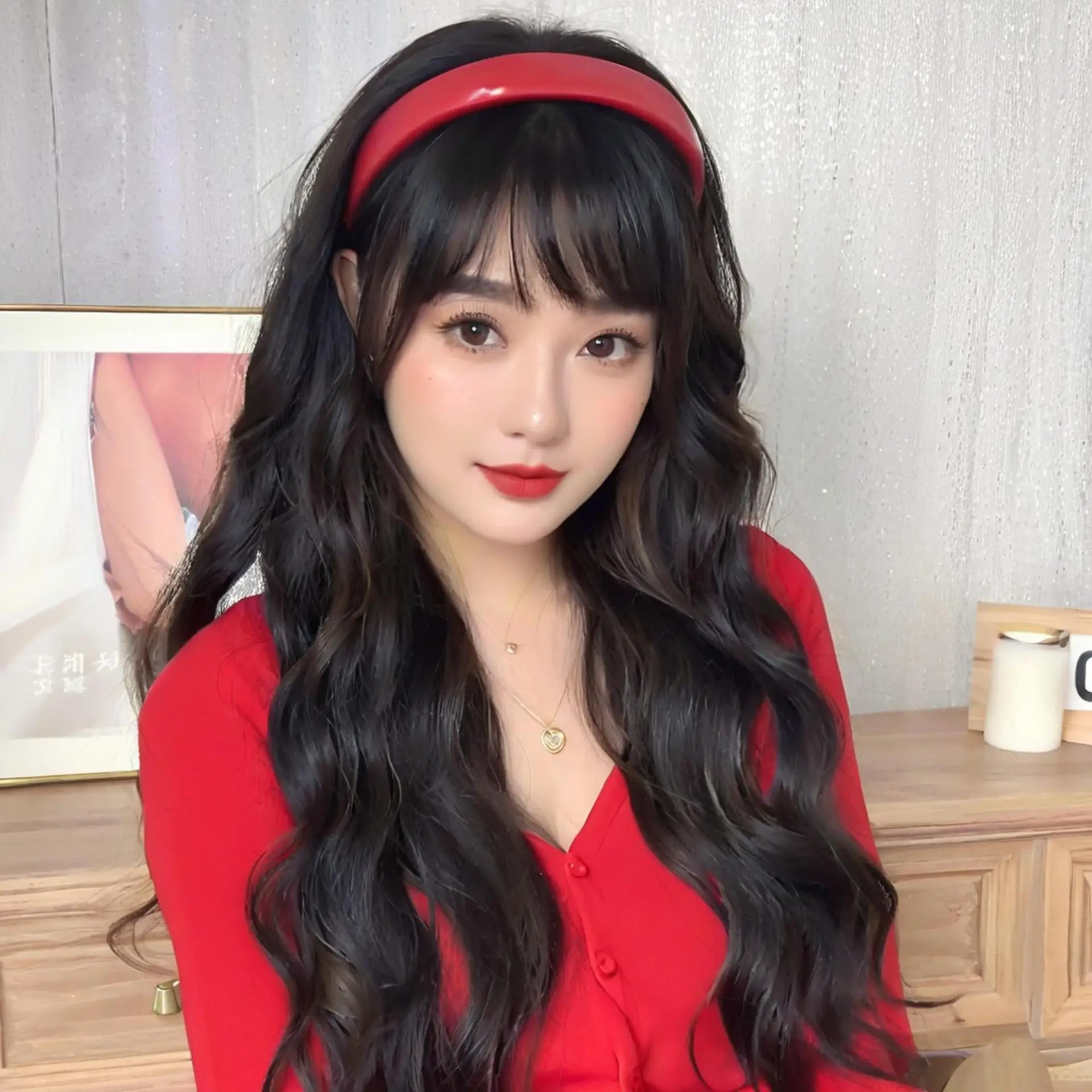 Wig Lady Hairband All-in-One Synthetic Heat-Resistant Fiber Big Wave Long Curly Hair Wig Accessories