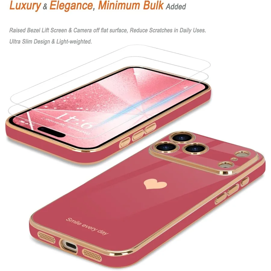 حافظة هاتف ناعمة ذهبية فاخرة على شكل قلب لطيفة مع واقي شاشة مدمج لهاتف iPhone 17 Pro Max [عبوة من قطعتين] - مقاوم للصدمات Ca