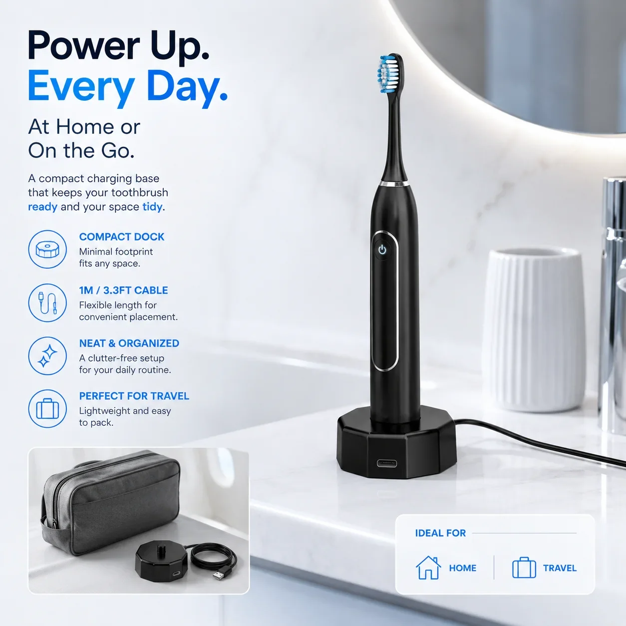Universal Electric Toothbrush Charging Base  for AquaSonic Black ,Black Pro,Vibe Pro,Duo Pro Series Type-C Fast Charging Cable