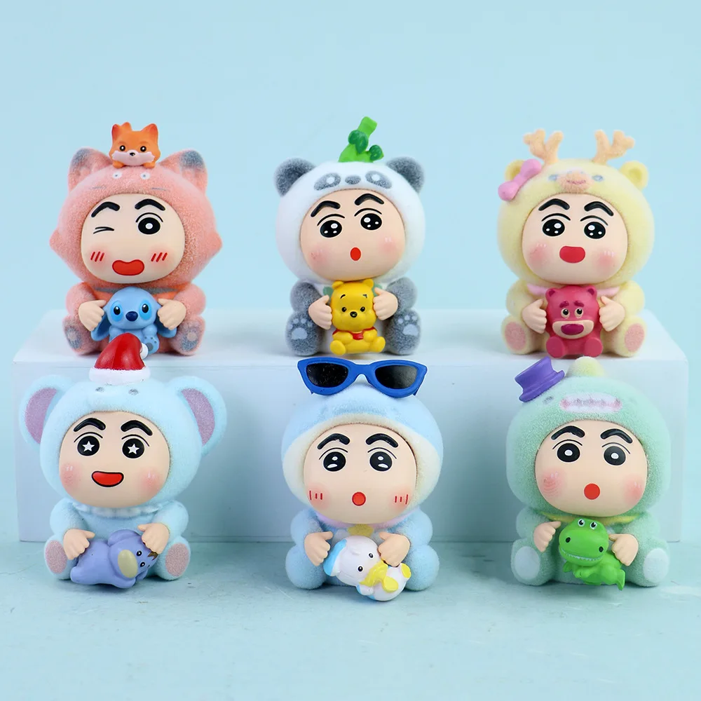 

6pcs/set Crayon Shin-chan COS Deerlet Fox Panda Flocking Cute Doll Action Figure Collection Model Anime Toys Desktop Decoration