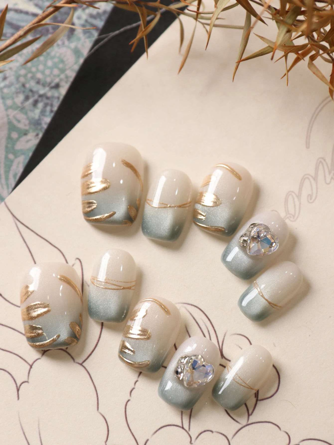 10Pcs Press on Nails Short Blue Cat's Eye Flash Diamond Press on Fake Nails Includes 1 Sheet of Adhesive Tabs & 1 Pc Mini File
