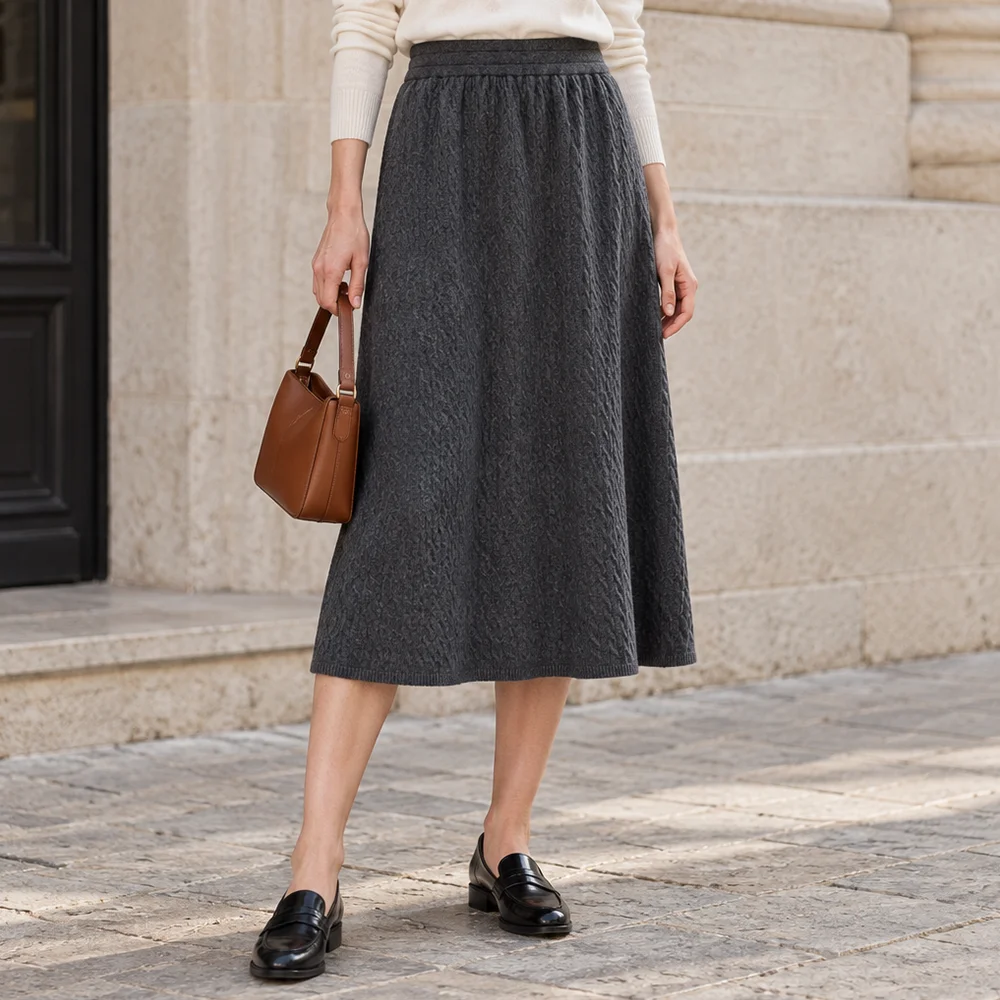 MZ62112 Women's Cable Knit Midi Skirt High Waist Elastic Soft Modal Blend Flared A-Line Swing Early Autumn Casual Knit Skirt
