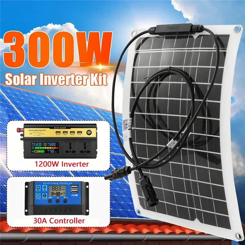 Solar Power System 12V To 220V 1200W Inverter Kit 300W Solar Panel Battery Charger with 30A Controller Home Grid Camp Phone PAD