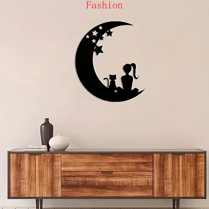 

CIFBUY Cat and Moon Metal Wall Art Moon Artwork Modern Decoration Metal Cat Home Decoration Cute Cat Wall Sculpture wall de