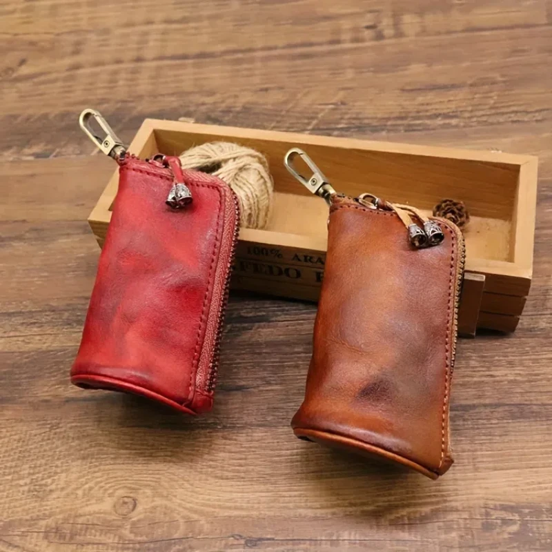 Men's New Leather Key Bag Large Capacity Vintage Zipper Key Bag with Coin Wallet Key Organizer Key Pouch Keychain Wallet