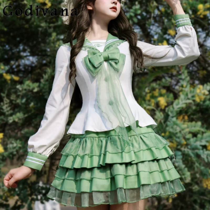 

Spring Autumn JK Sweet Navy Collar Large Size Shirt Cute Girl College High Waist A-line Age-reducing Pleated Skirt Japanese Sets