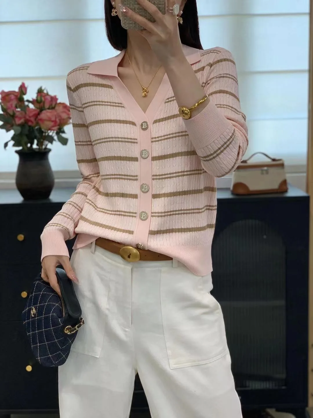 High-End European Style Autumn Winter Striped Knitted V-Neck Long Sleeve Open Cardigan Women's Simple Fashion Commute Top