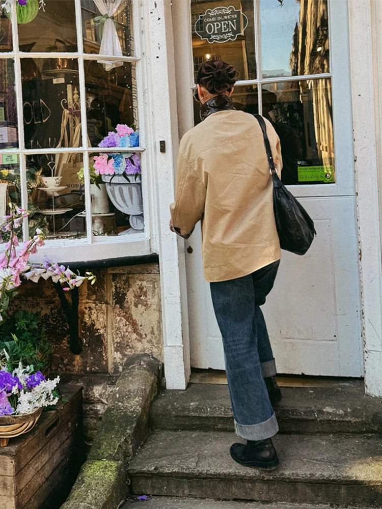 سترة نسائية ذات ياقة جلدية كلاسيكية من البولي يوريثان فضفاضة غير رسمية كاكي مرقع بياقة واقفة وزر سترات خندق أنيقة ومتعددة الاستخدامات ملابس الشارع