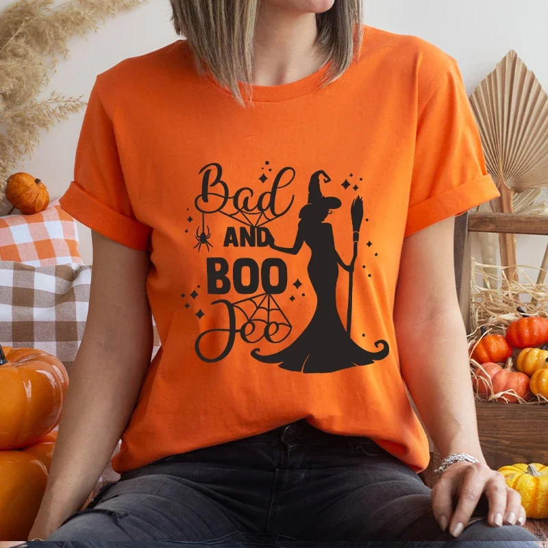 Funny Designer Witch Graphic Women's T-shirt Casual Harajuku Female Clothing Short Sleeve Tees Spooky Halloween Party Y2k Tops