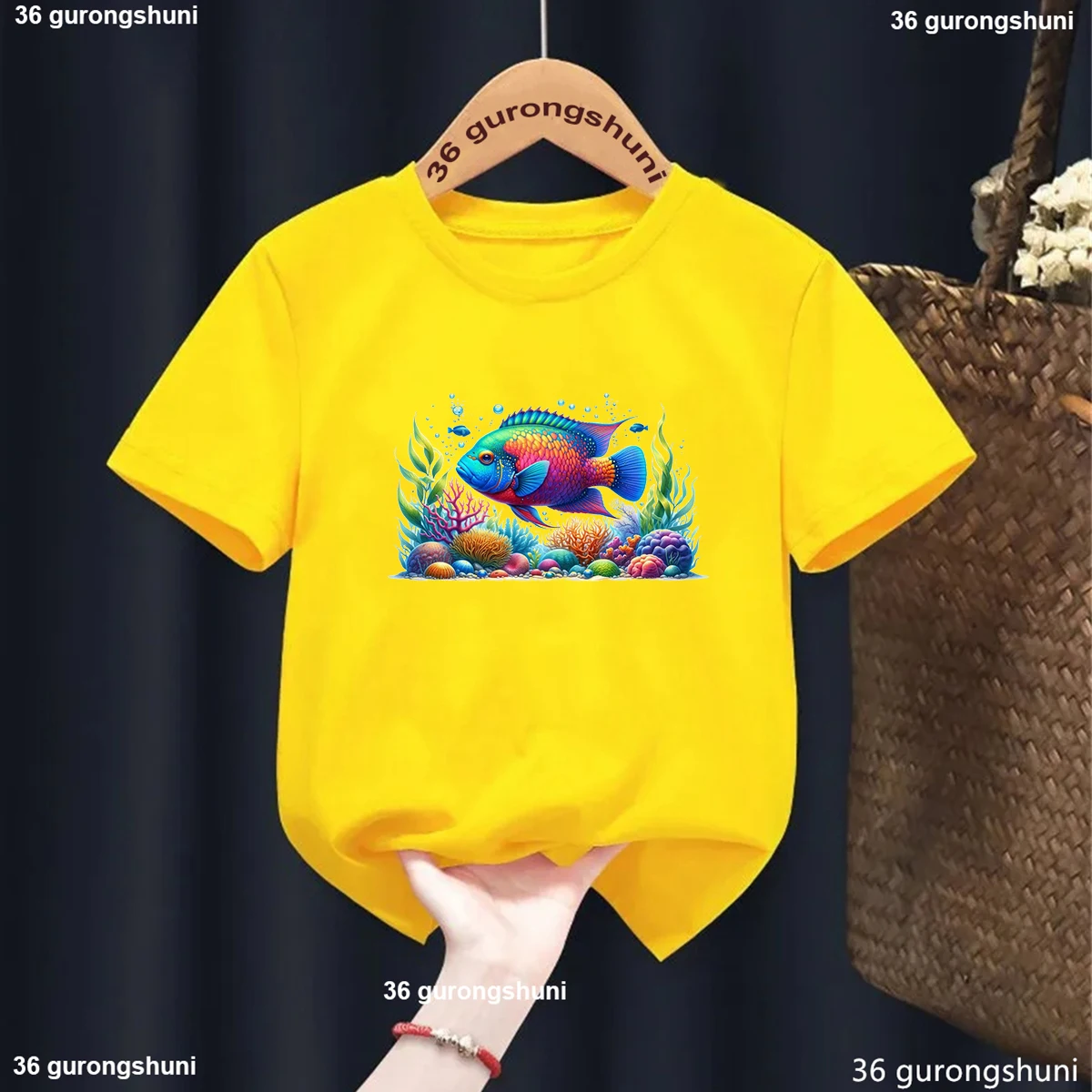 

New Boys T-Shirt Funny Marine Animal Turtle,Fish Graphic Print Toddler Tshirt Fashion Boys Clothes Yellow Short Sleeved Tops