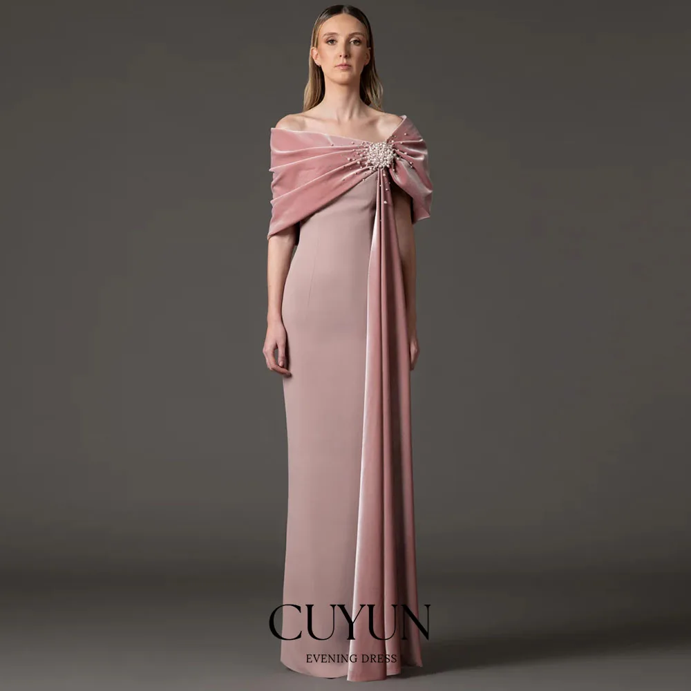 

CUYUN Customized Off the Shoulder Pink Evening Gown Luxury Pearls Straight Velvet Formal Event Dresses Dinner Party Gown 2026