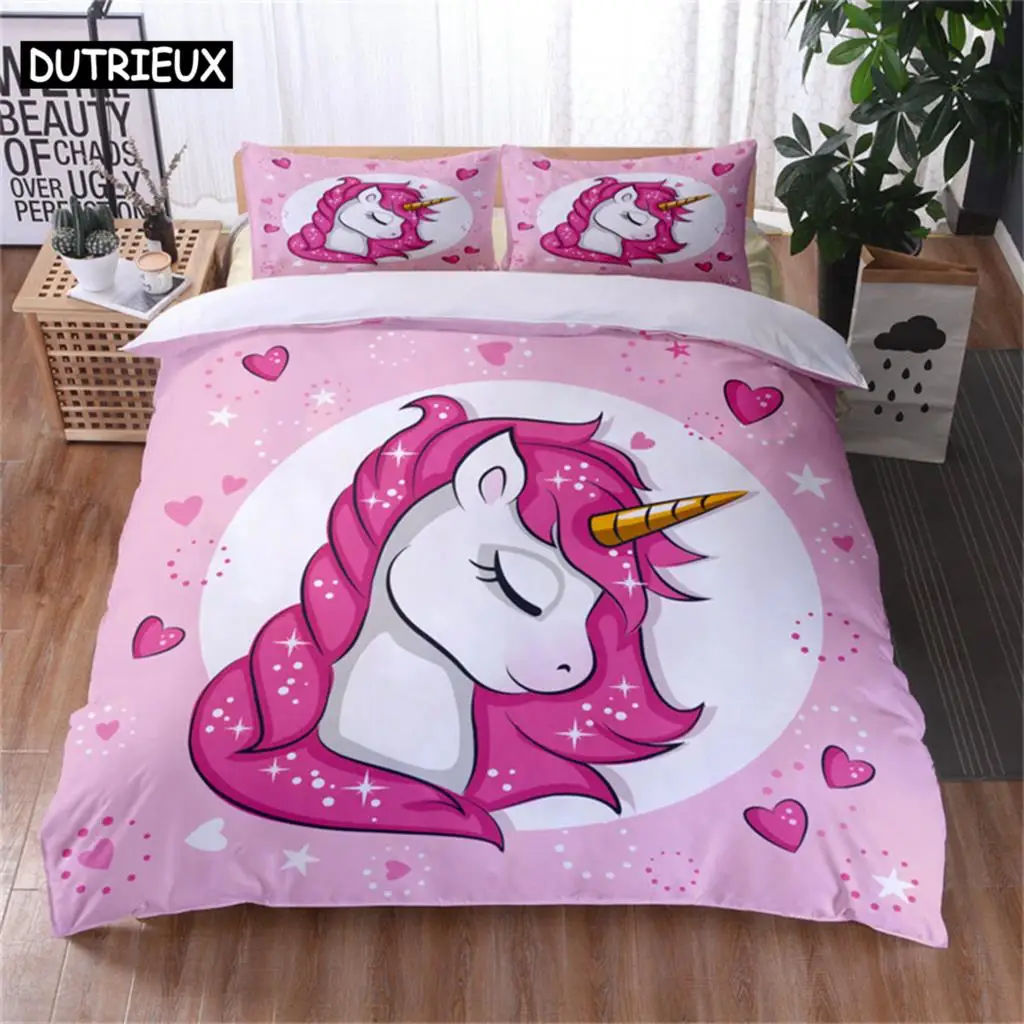 

Colorful Luminous Unicorn Print Bedding Set 3D Cartoon Animal Pattern Duvet Cover Bedroom Decor With Pillowcases For Girls Gift