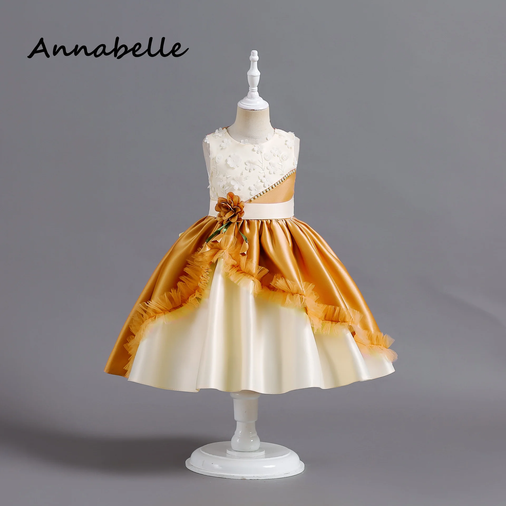 Annabelle-vestido de flores con lazo para niña, vestidos elegantes para fiesta de boda, ropa de cumpleaños para bebé, bloqueo de Color