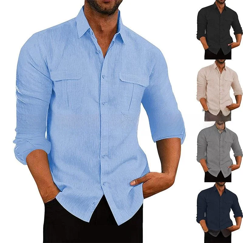 

Casual Long Sleeve Men's Shirt Double Pocket Fashionable Holiday Shirt Street Style Collar Polyester Easy Care PU Material